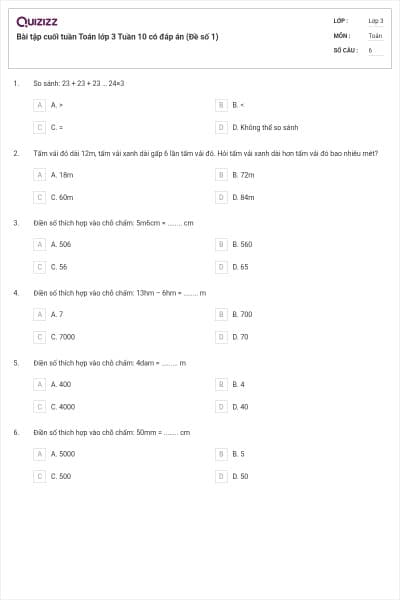Bài tập cuối tuần Toán lớp 3 Tuần 10 có đáp án (Đề số 1)