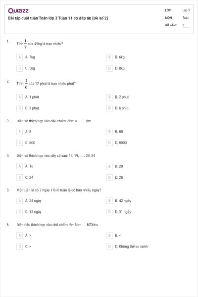 Bài tập cuối tuần Toán lớp 3 Tuần 11 có đáp án (Đề số 2)