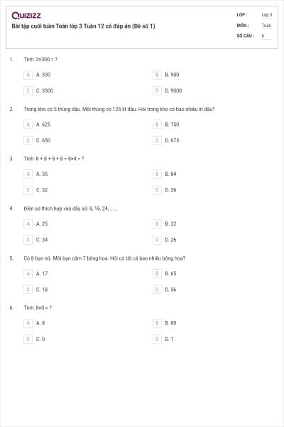Bài tập cuối tuần Toán lớp 3 Tuần 12 có đáp án (Đề số 1)
