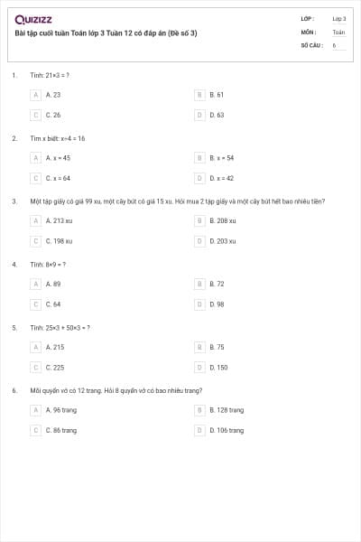 Bài tập cuối tuần Toán lớp 3 Tuần 12 có đáp án (Đề số 3)