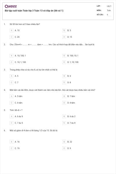 Bài tập cuối tuần Toán lớp 3 Tuần 13 có đáp án (Đề số 1)
