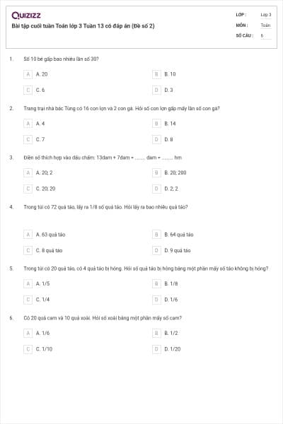Bài tập cuối tuần Toán lớp 3 Tuần 13 có đáp án (Đề số 2)