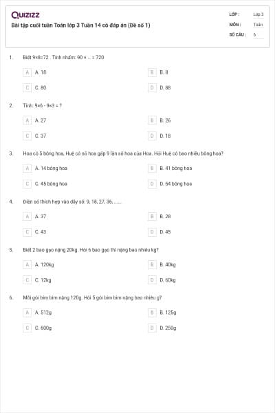 Bài tập cuối tuần Toán lớp 3 Tuần 14 có đáp án (Đề số 1)