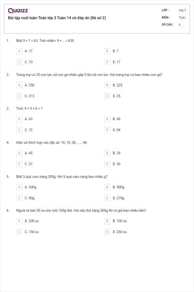 Bài tập cuối tuần Toán lớp 3 Tuần 14 có đáp án (Đề số 2)