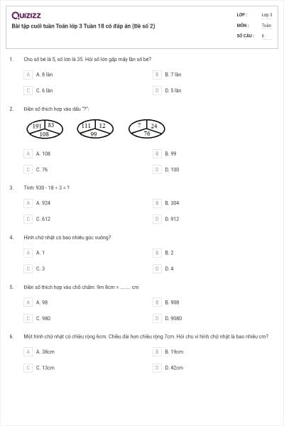 Bài tập cuối tuần Toán lớp 3 Tuần 18 có đáp án (Đề số 2)