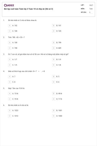Bài tập cuối tuần Toán lớp 3 Tuần 18 có đáp án (Đề số 3)