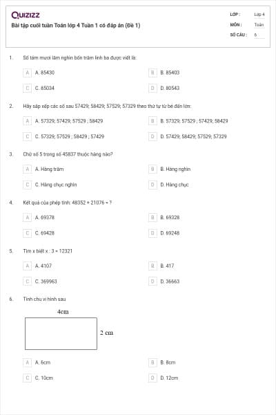 Bài tập cuối tuần Toán lớp 4 Tuần 1 có đáp án (Đề 1)