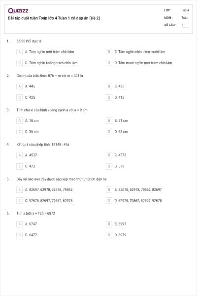 Bài tập cuối tuần Toán lớp 4 Tuần 1 có đáp án (Đề 2)