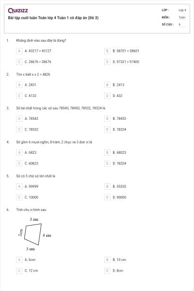 Bài tập cuối tuần Toán lớp 4 Tuần 1 có đáp án (Đề 3)