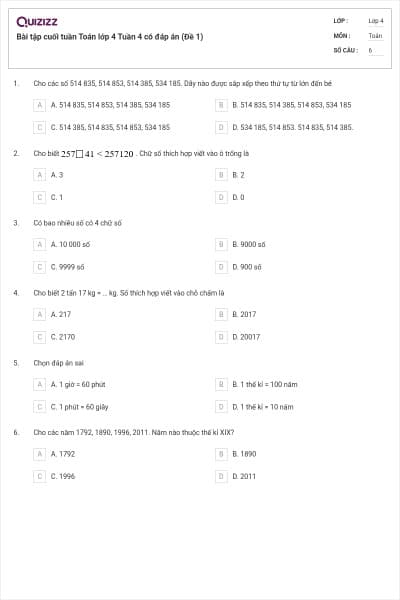 Bài tập cuối tuần Toán lớp 4 Tuần 4 có đáp án (Đề 1)