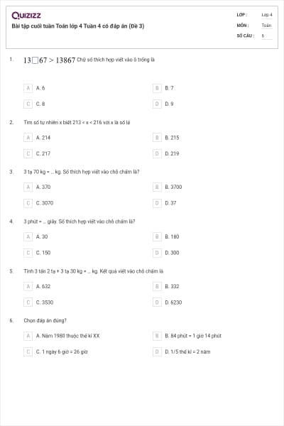 Bài tập cuối tuần Toán lớp 4 Tuần 4 có đáp án (Đề 3)