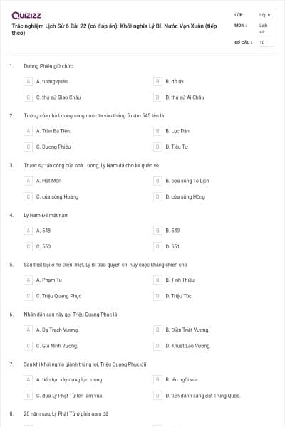Trắc nghiệm Lịch Sử 6 Bài 22 (có đáp án): Khởi nghĩa Lý Bí. Nước Vạn Xuân (tiếp theo)