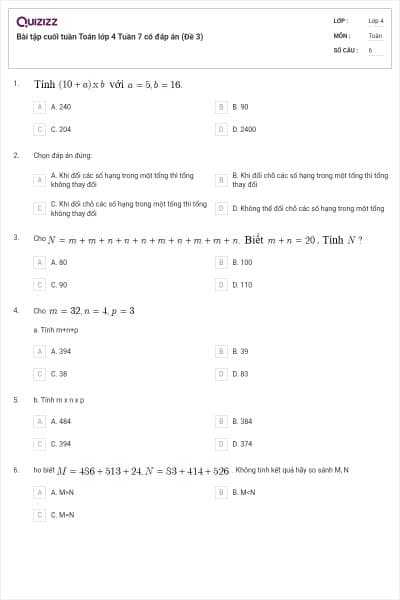Bài tập cuối tuần Toán lớp 4 Tuần 7 có đáp án (Đề 3)