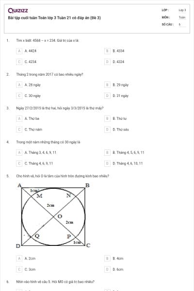 Bài tập cuối tuần Toán lớp 3 Tuần 21 có đáp án (Đề 3)