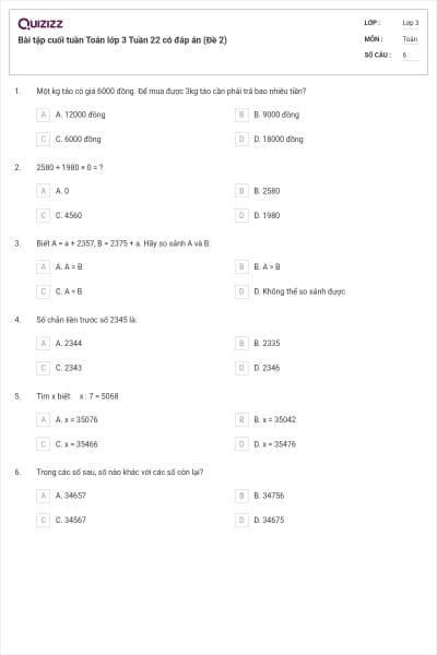 Bài tập cuối tuần Toán lớp 3 Tuần 22 có đáp án (Đề 2)