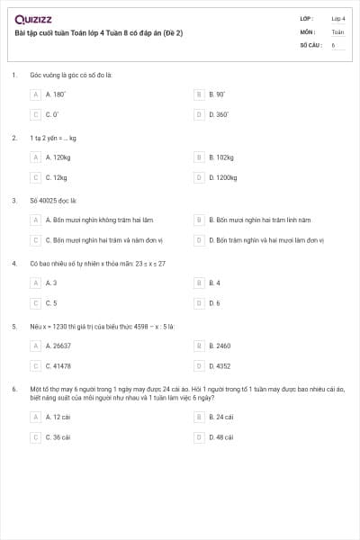 Bài tập cuối tuần Toán lớp 4 Tuần 8 có đáp án (Đề 2)