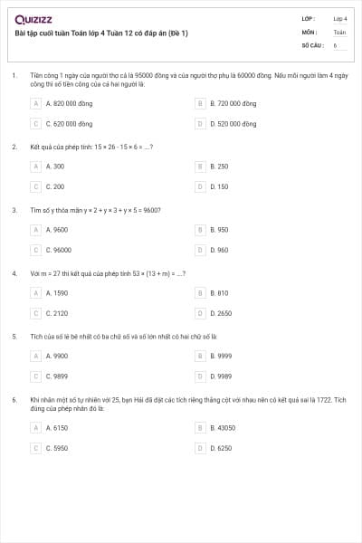 Bài tập cuối tuần Toán lớp 4 Tuần 12 có đáp án (Đề 1)