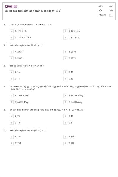 Bài tập cuối tuần Toán lớp 4 Tuần 12 có đáp án (Đề 2)