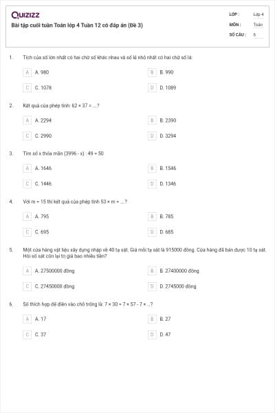 Bài tập cuối tuần Toán lớp 4 Tuần 12 có đáp án (Đề 3)
