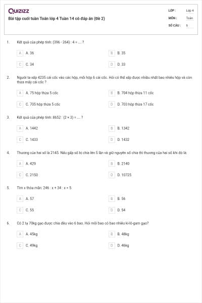 Bài tập cuối tuần Toán lớp 4 Tuần 14 có đáp án (Đề 2)