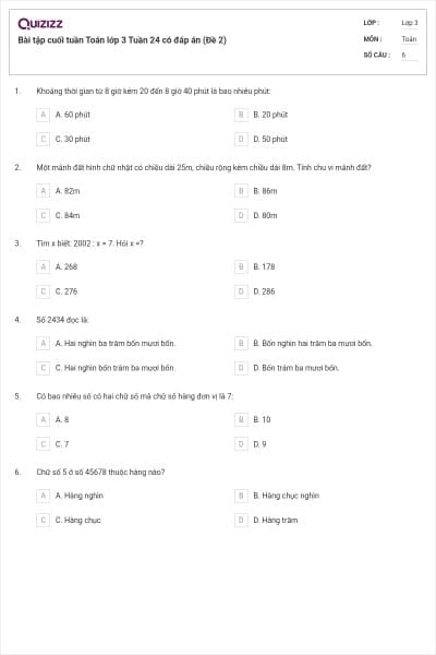 Bài tập cuối tuần Toán lớp 3 Tuần 24 có đáp án (Đề 2)