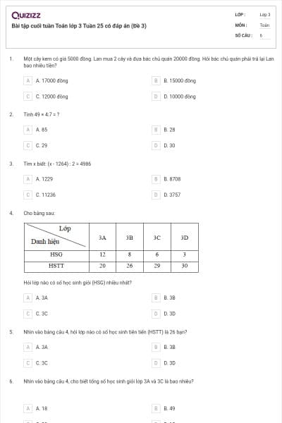 Bài tập cuối tuần Toán lớp 3 Tuần 25 có đáp án (Đề 3)