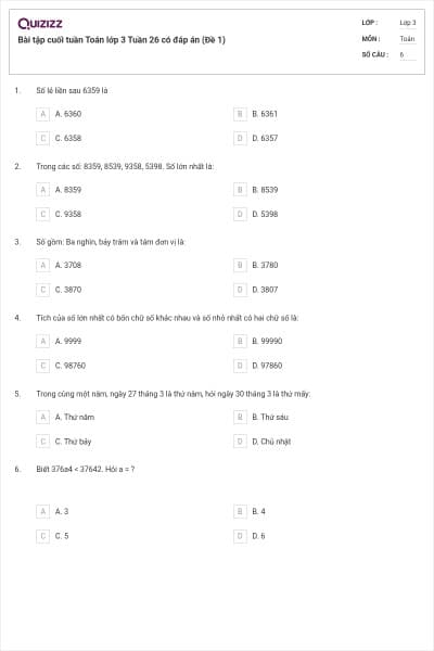 Bài tập cuối tuần Toán lớp 3 Tuần 26 có đáp án (Đề 1)