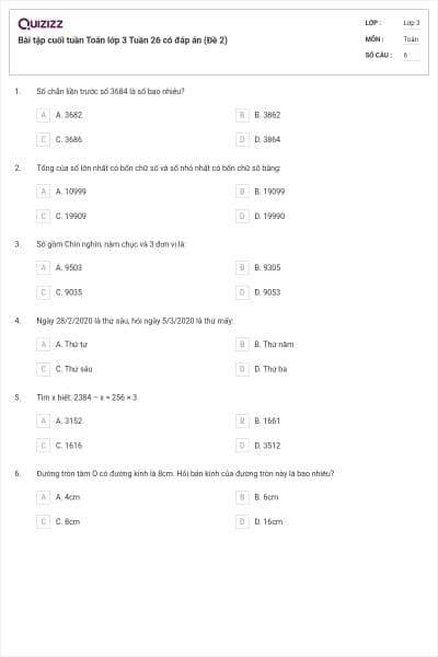Bài tập cuối tuần Toán lớp 3 Tuần 26 có đáp án (Đề 2)