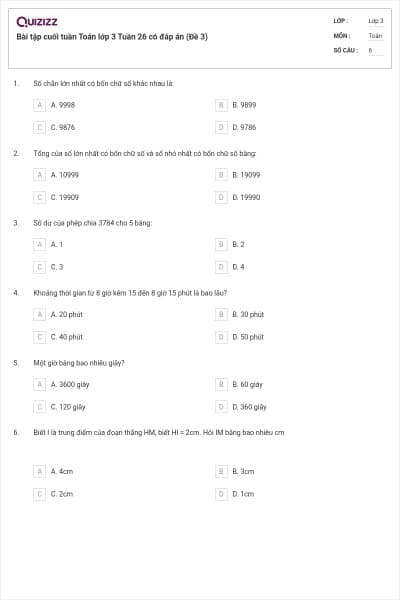 Bài tập cuối tuần Toán lớp 3 Tuần 26 có đáp án (Đề 3)