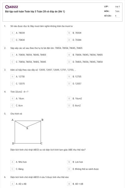 Bài tập cuối tuần Toán lớp 3 Tuần 28 có đáp án (Đề 1)