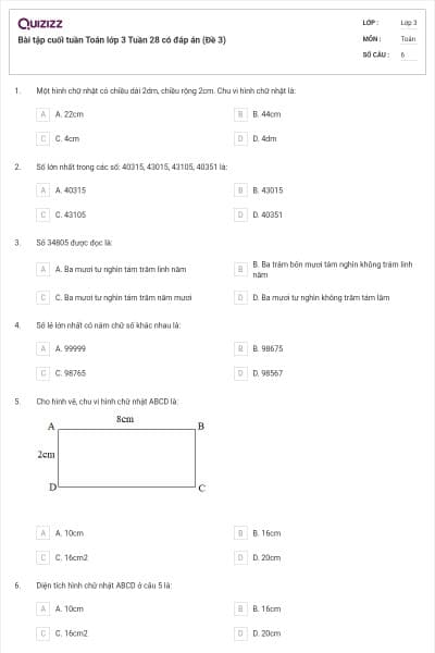 Bài tập cuối tuần Toán lớp 3 Tuần 28 có đáp án (Đề 3)