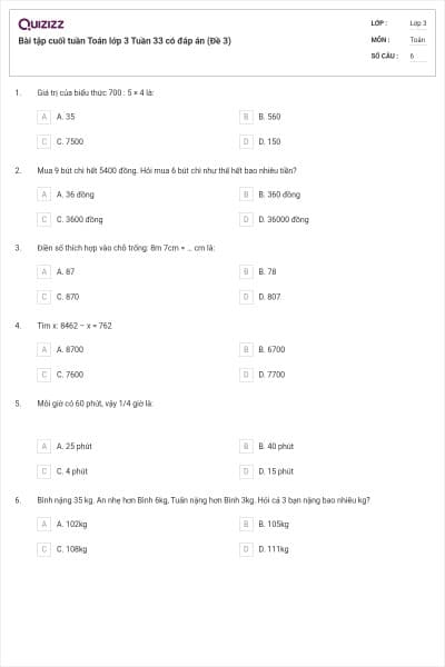 Bài tập cuối tuần Toán lớp 3 Tuần 33 có đáp án (Đề 3)