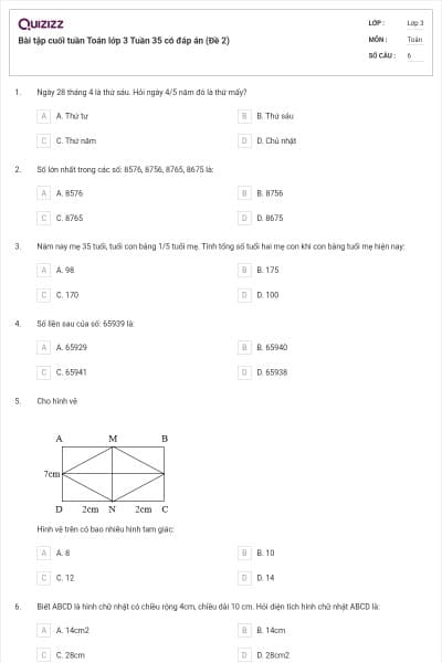 Bài tập cuối tuần Toán lớp 3 Tuần 35 có đáp án (Đề 2)