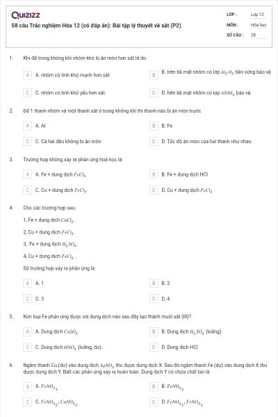 58 câu Trắc nghiệm Hóa 12 (có đáp án): Bài tập lý thuyết về sắt (P2)