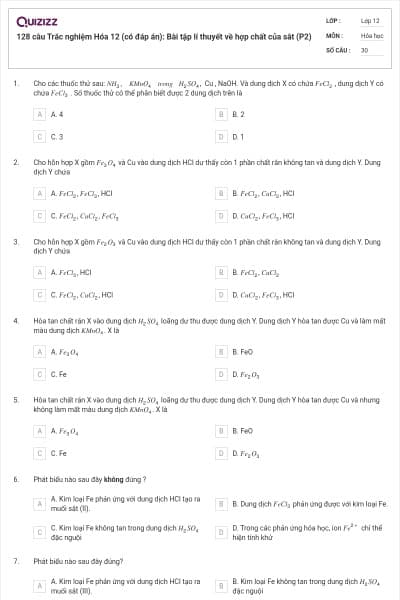 128 câu  Trắc nghiệm Hóa 12 (có đáp án): Bài tập lí thuyết về hợp chất của sắt (P2)