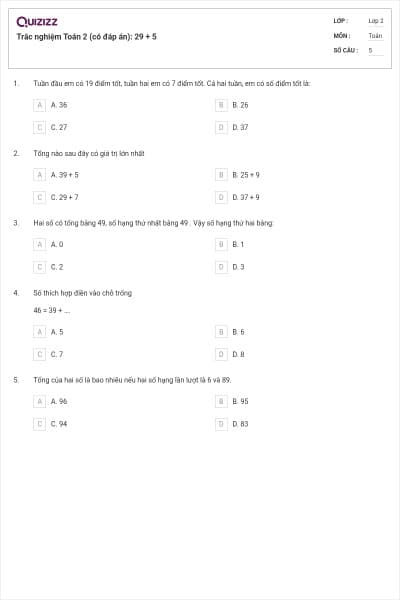 Trắc nghiệm Toán 2 (có đáp án): 29 + 5