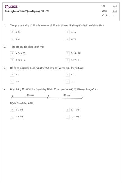 Trắc nghiệm Toán 2 (có đáp án): 38 + 25