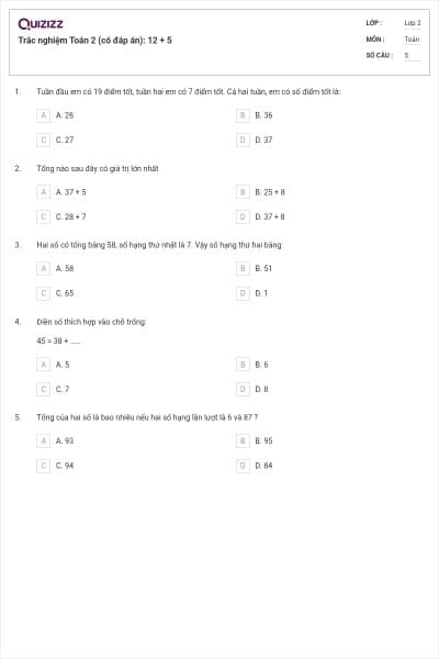 Trắc nghiệm Toán 2 (có đáp án): 12 + 5