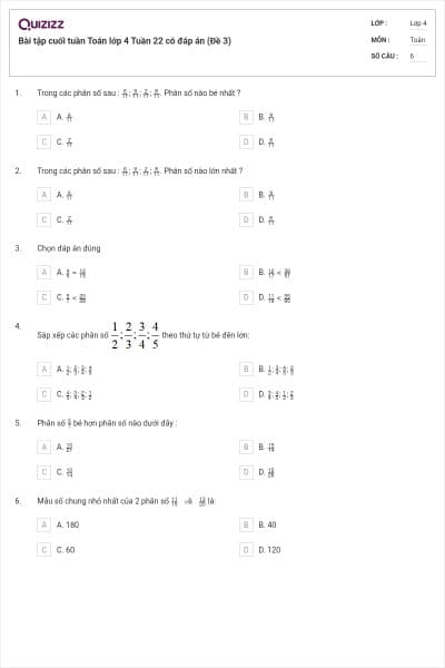 Bài tập cuối tuần Toán lớp 4 Tuần 22 có đáp án (Đề 3)