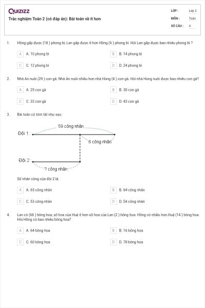 Trắc nghiệm Toán 2 (có đáp án): Bài toán về ít hơn