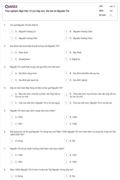 Trắc nghiệm Ngữ Văn 12 (có đáp án): Vài nét về Nguyễn Thi