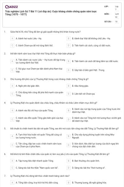 Trắc nghiệm Lịch Sử 7 Bài 11 (có đáp án): Cuộc kháng chiến chống quân xâm lược Tống (1075 - 1077)