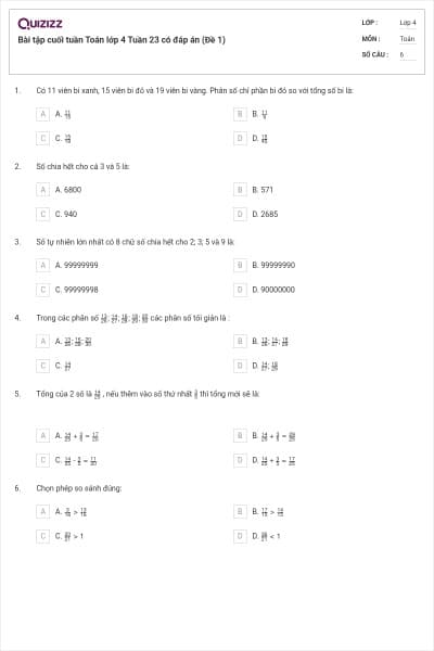 Bài tập cuối tuần Toán lớp 4 Tuần 23 có đáp án (Đề 1)