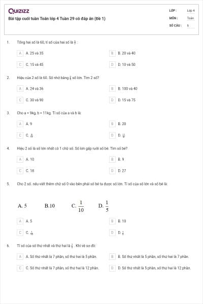 Bài tập cuối tuần Toán lớp 4 Tuần 29 có đáp án (Đề 1)