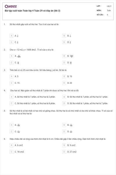 Bài tập cuối tuần Toán lớp 4 Tuần 29 có đáp án (Đề 3)