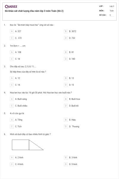 Đề khảo sát chất lượng đầu năm lớp 3 môn Toán (Đề 2)