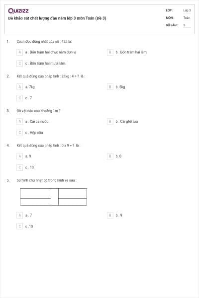Đề khảo sát chất lượng đầu năm lớp 3 môn Toán (Đề 3)