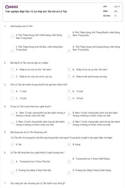 Trắc nghiệm Ngữ Văn 12 (có đáp án): Vài nét về Lỗ Tấn
