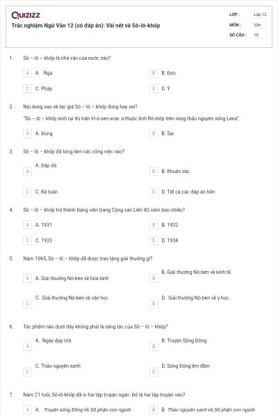 Trắc nghiệm Ngữ Văn 12 (có đáp án): Vài nét về Sô-lô-khốp