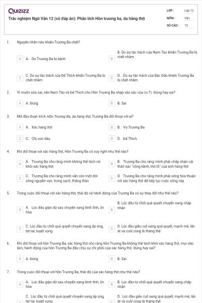 Trắc nghiệm Ngữ Văn 12 (có đáp án): Phân tích Hồn trương ba, da hàng thịt